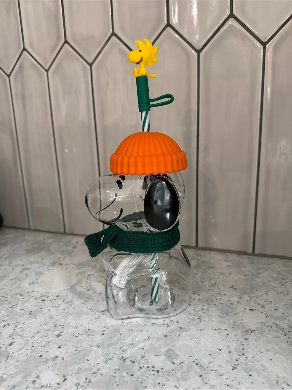 Starbucks Peanuts Snoopy Tumbler with Orange Beanie and Green Scarf